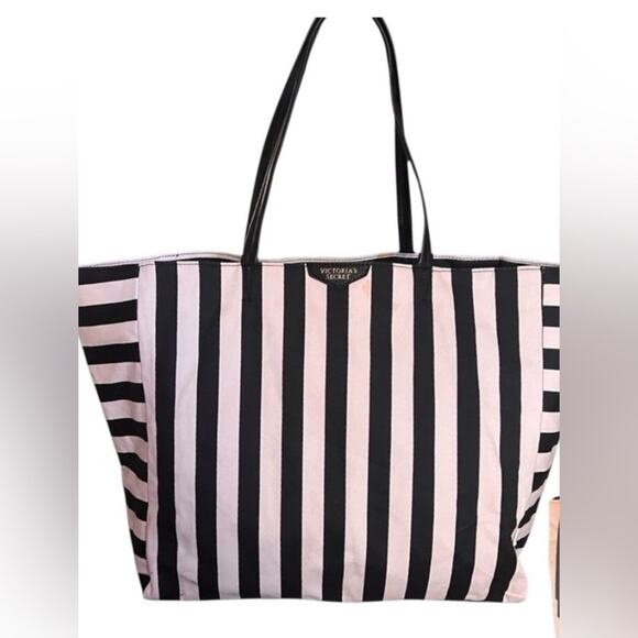 Victoria Victoria’s Secret Black and Pink Striped XL Tote Bag
